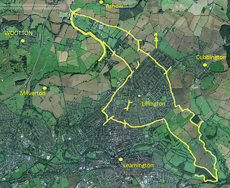 The minster parish of Wootton and the former bounday of Lillington parish as it was until 1957 Former parish boundary